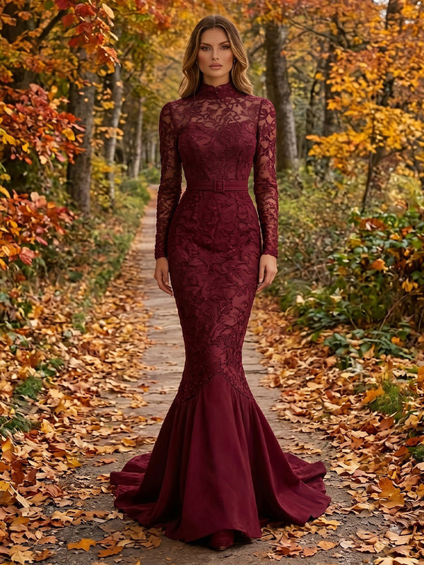 Lace Mermaid/Trumpet High Neck Floor-Length Evening Dresses with Sweep Train