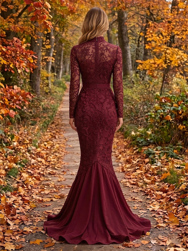 Lace Mermaid/Trumpet High Neck Floor-Length Evening Dresses with Sweep Train