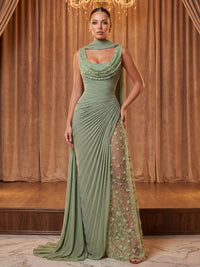 Chiffon Sheath/Column Cowl Neck Long Evening Dresses with Lace Sequin & Pleats