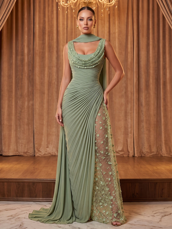 Chiffon Sheath/Column Cowl Neck Long Evening Dresses with Lace Sequin & Pleats