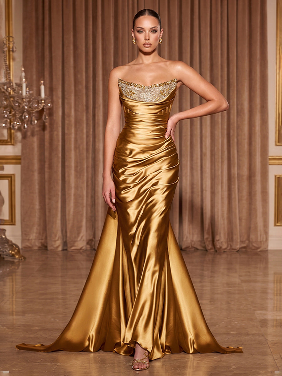 Satin Mermaid/Trumpet Strapless Maxi Evening Dresses with Ruched Waist & Sweep Train