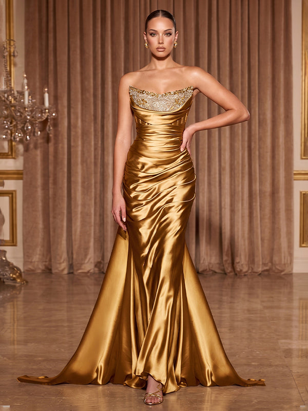 Satin Mermaid/Trumpet Strapless Maxi Evening Dresses with Ruched Waist & Sweep Train