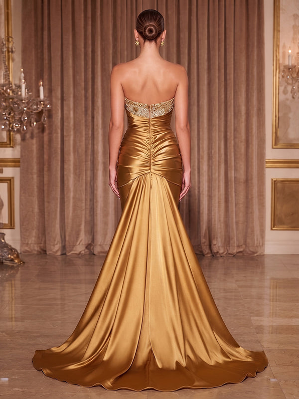 Satin Mermaid/Trumpet Strapless Maxi Evening Dresses with Ruched Waist & Sweep Train