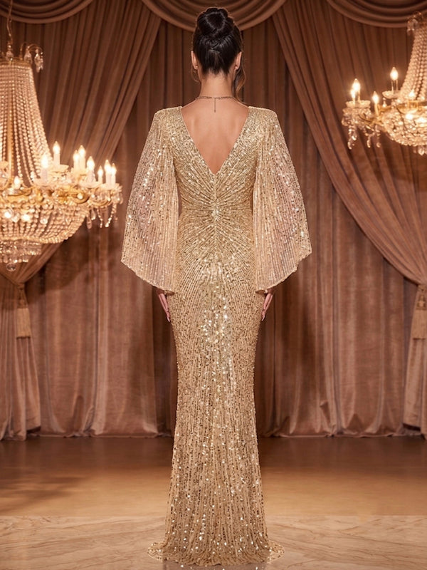 Sequin Sheath/Column V-Neck Maxi Evening Dresses with Ruched Waist