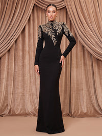 Stretch Jersey Sheath/Column High Neck Maxi Evening Dresses with Rhinestones