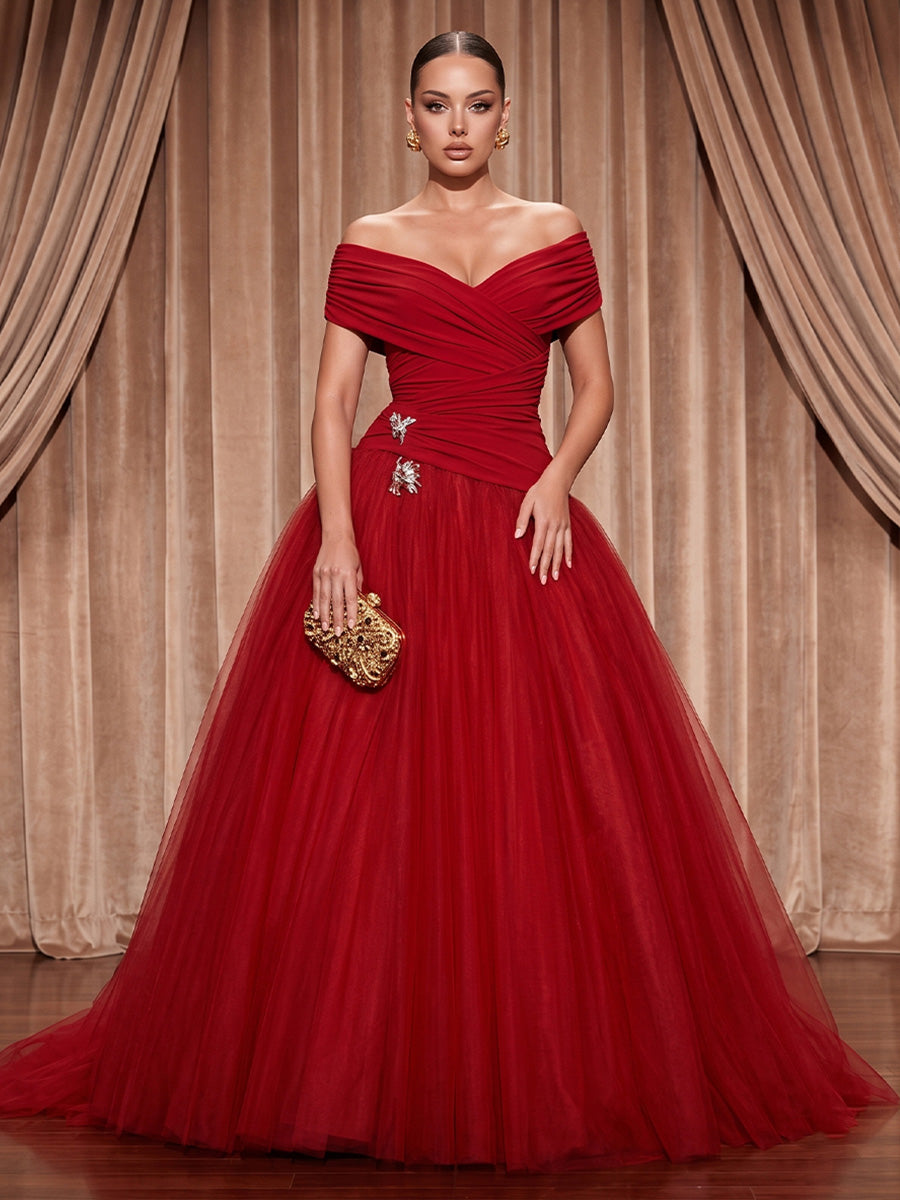 Tulle A-Line/Princess Off Shoulder Maxi Evening Dresses with Pleats