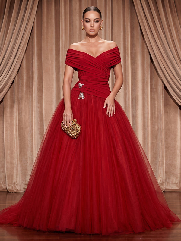 Tulle A-Line/Princess Off Shoulder Maxi Evening Dresses with Pleats