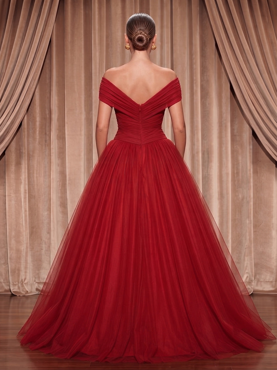 Tulle A-Line/Princess Off Shoulder Maxi Evening Dresses with Pleats