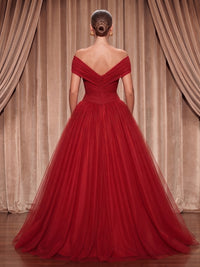 Tulle A-Line/Princess Off Shoulder Maxi Evening Dresses with Pleats