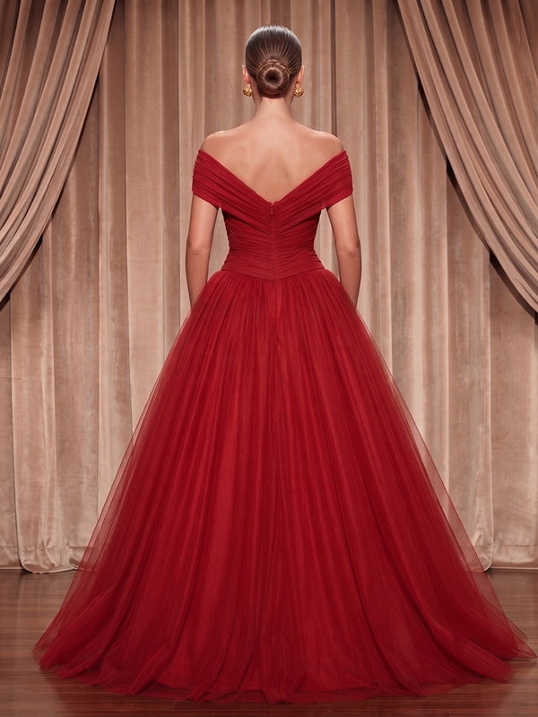 Tulle A-Line/Princess Off Shoulder Maxi Evening Dresses with Pleats