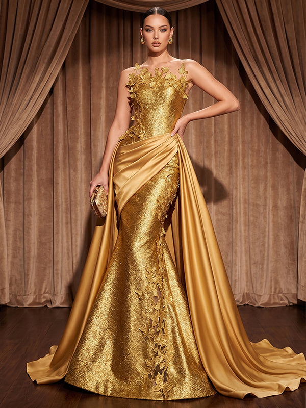 Satin Mermaid/Trumpet Asymmetric Neck Maxi Evening Dresses with Sweep Train