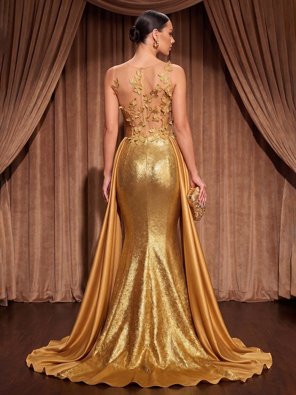 Satin Mermaid/Trumpet Asymmetric Neck Maxi Evening Dresses with Sweep Train
