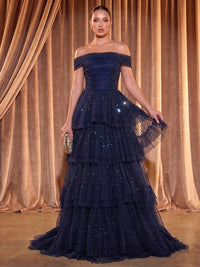 Tulle A-Line/Princess Off Shoulder Maxi Evening Dresses with Tiered Layers & Pleats