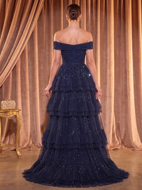Tulle A-Line/Princess Off Shoulder Maxi Evening Dresses with Tiered Layers & Pleats