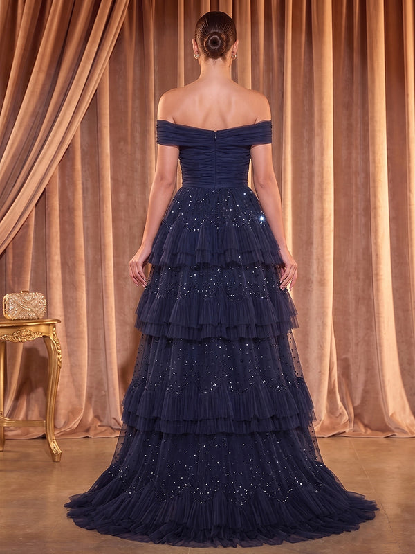 Tulle A-Line/Princess Off Shoulder Maxi Evening Dresses with Tiered Layers & Pleats