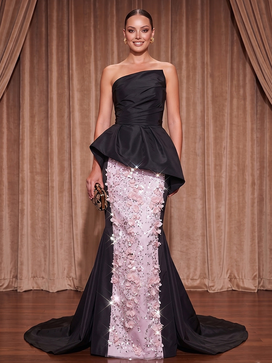 Sequin Mermaid/Trumpet Strapless Long Evening Dresses with 3D Flowers & Ruched Waist