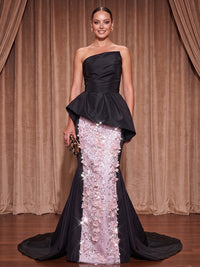 Sequin Mermaid/Trumpet Strapless Long Evening Dresses with 3D Flowers & Ruched Waist