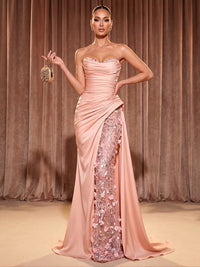 Sequin Sheath/Column Strapless Maxi Evening Dresses with 3D Flowers & Ruched Waist