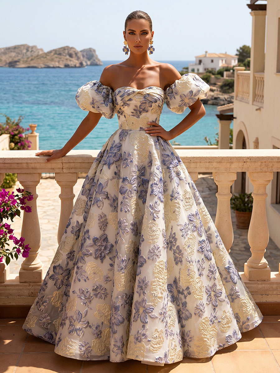 Jacquard A-Line/Princess Off Shoulder Maxi Evening Dresses with Pleats