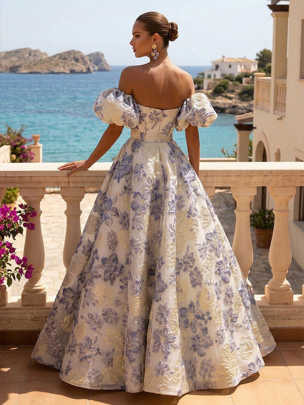 Jacquard A-Line/Princess Off Shoulder Maxi Evening Dresses with Pleats