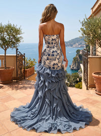 Jacquard Mermaid/Trumpet Strapless Maxi Evening Dresses with Tiered Layers & Slit