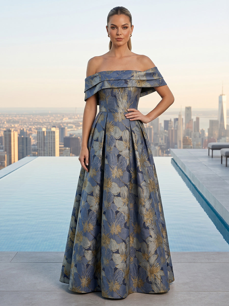 Jacquard A-Line/Princess Off Shoulder Maxi Evening Dresses with Pleats