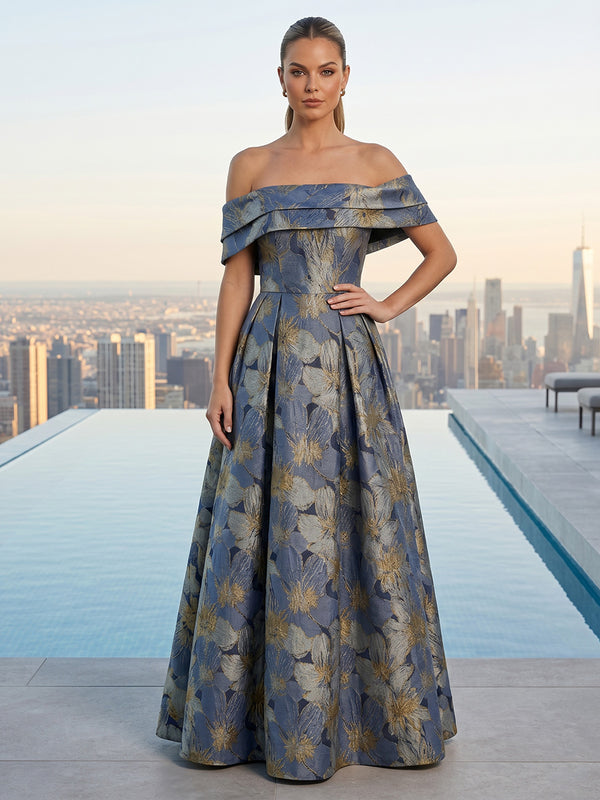Jacquard A-Line/Princess Off Shoulder Maxi Evening Dresses with Pleats