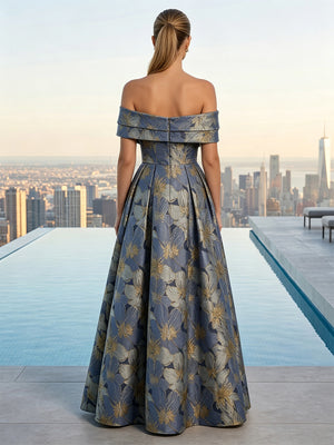 Jacquard A-Line/Princess Off Shoulder Maxi Evening Dresses with Pleats