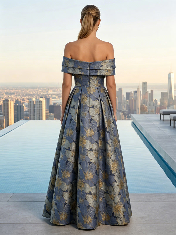 Jacquard A-Line/Princess Off Shoulder Maxi Evening Dresses with Pleats