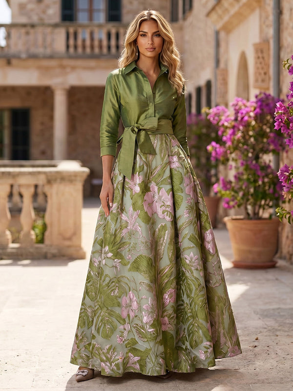 Jacquard A-Line/Princess V-Neck Maxi Evening Dresses with Satin Bodice & Belt