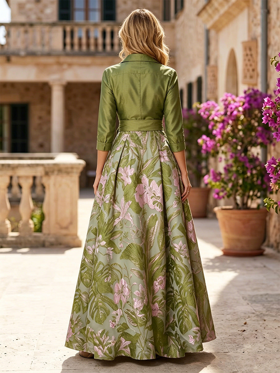 Jacquard A-Line/Princess V-Neck Maxi Evening Dresses with Satin Bodice & Belt