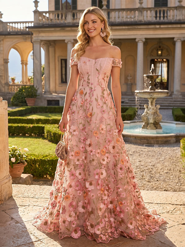 Lace Embroidery A-Line/Princess Off Shoulder Maxi Evening Dresses with Sweep Train