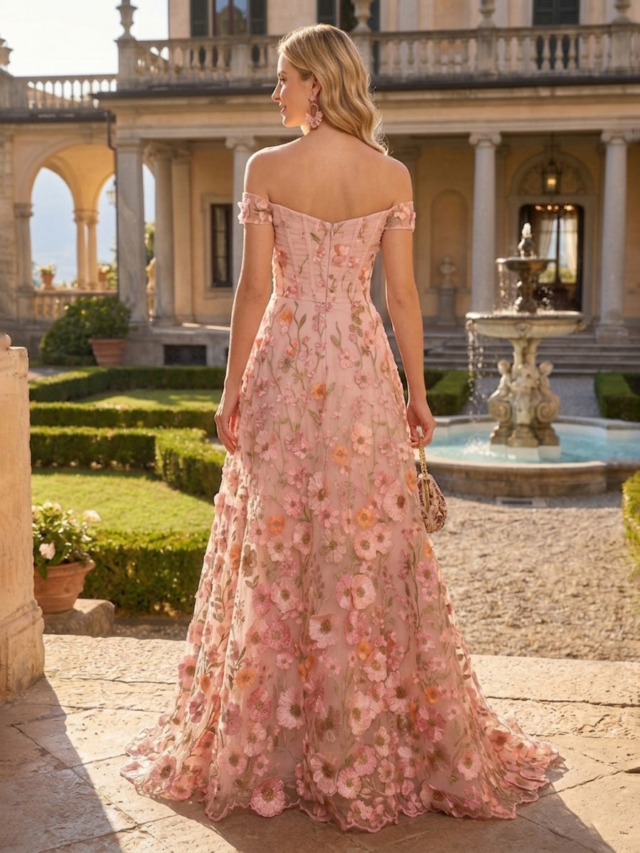 Lace Embroidery A-Line/Princess Off Shoulder Maxi Evening Dresses with Sweep Train
