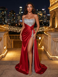 Satin Sheath/Column Strapless Maxi Evening Dresses with Sequin Bodice, Ruched Waist & Slit