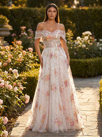 Sequin Floral A-Line/Princess Off Shoulder Maxi Evening Dresses with Pleats