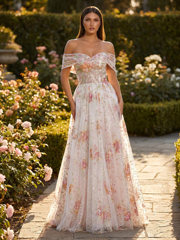 Sequin Floral A-Line/Princess Off Shoulder Maxi Evening Dresses with Pleats