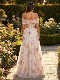 Sequin Floral A-Line/Princess Off Shoulder Maxi Evening Dresses with Pleats