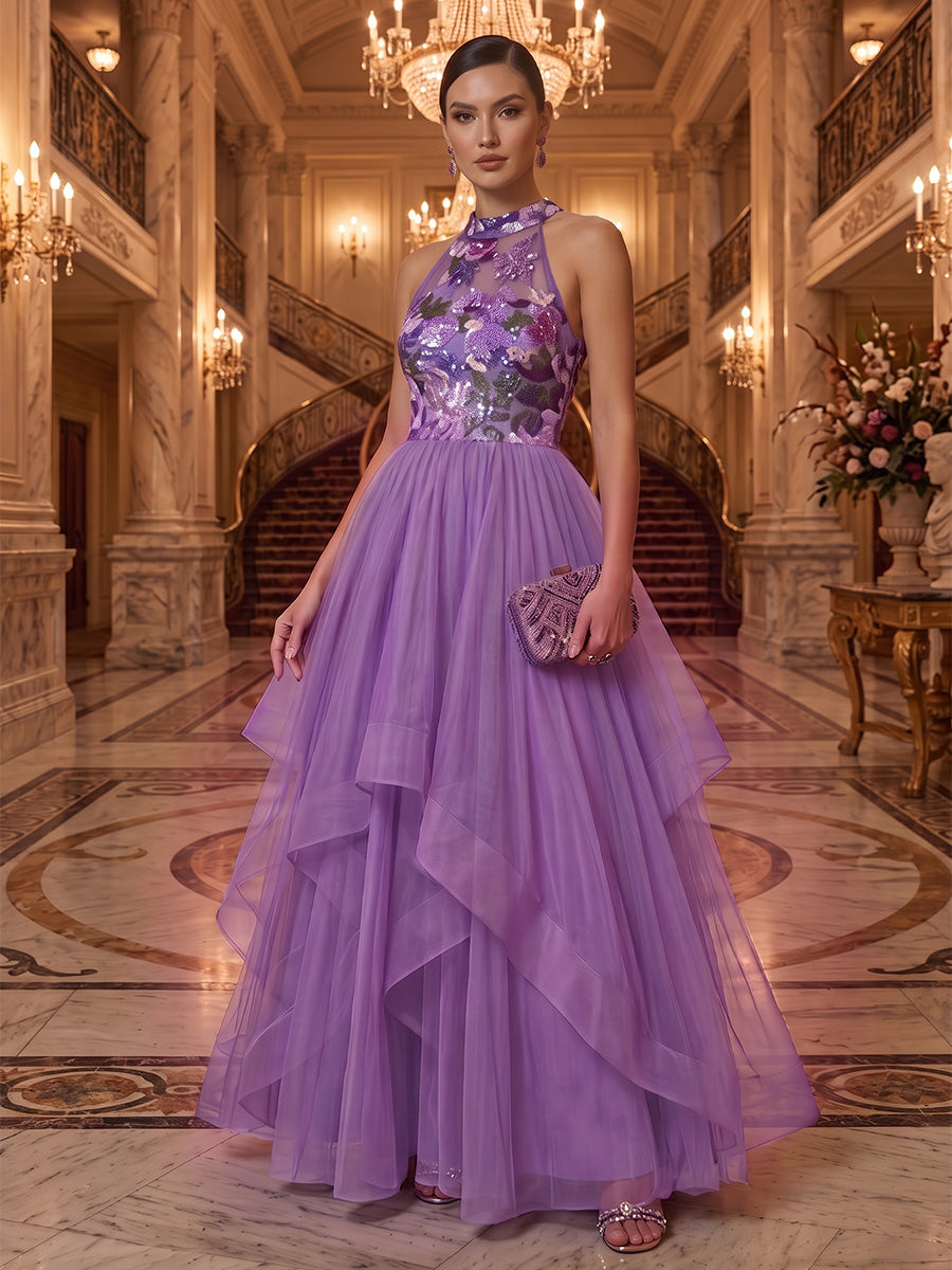 Tulle A-Line/Princess Halter Maxi Evening Dresses with Sequin Floral Bodice & Pleats
