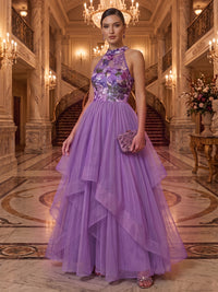 Tulle A-Line/Princess Halter Maxi Evening Dresses with Sequin Floral Bodice & Pleats