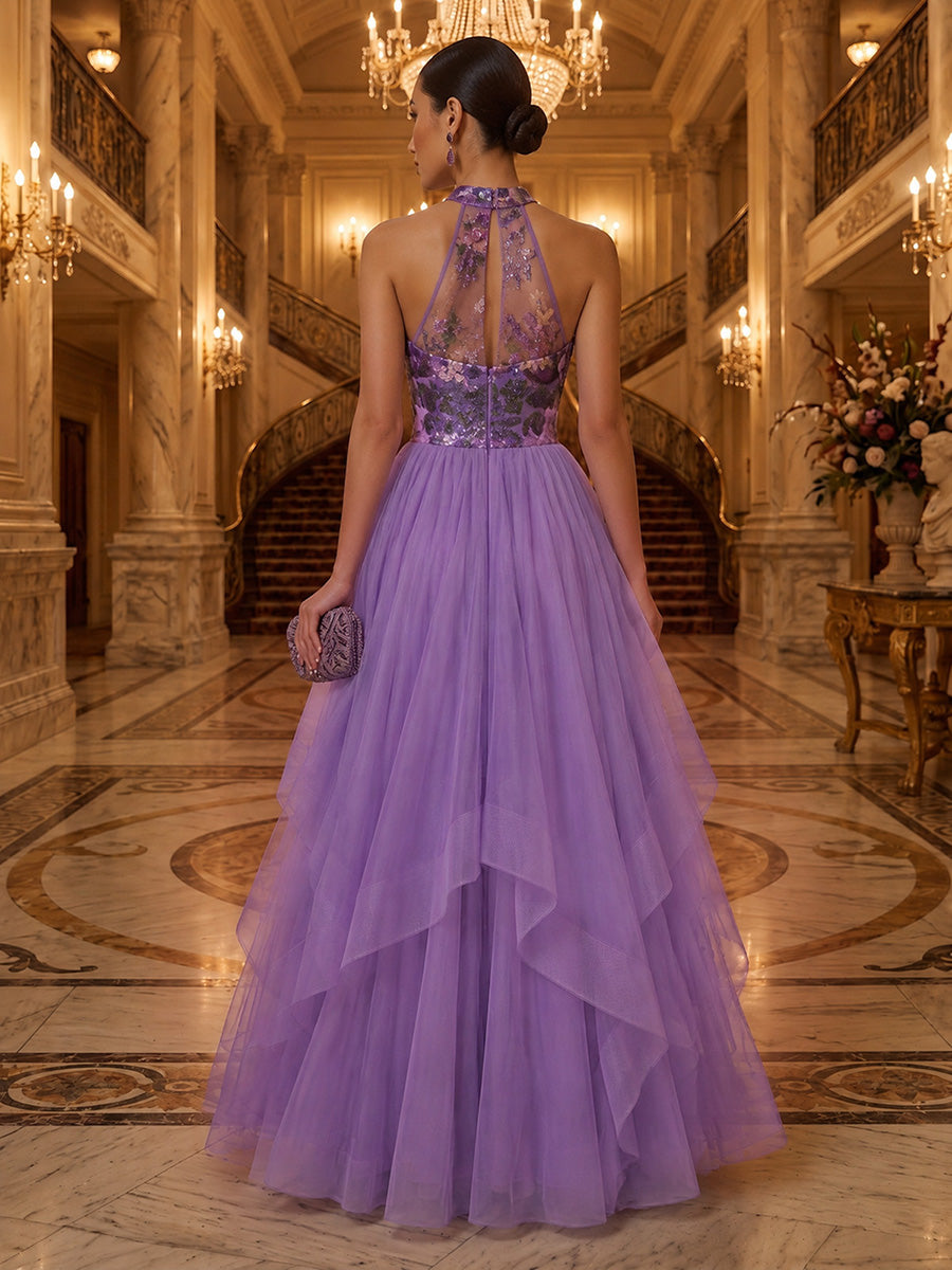 Tulle A-Line/Princess Halter Maxi Evening Dresses with Sequin Floral Bodice & Pleats