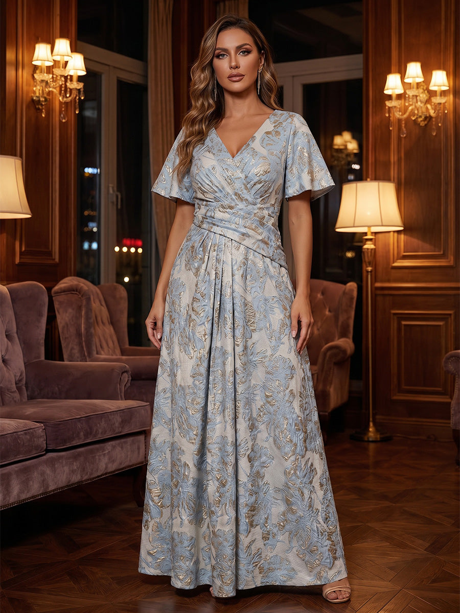 Jacquard A-Line/Princess V-Neck Maxi Evening Dresses with Ruched Waist