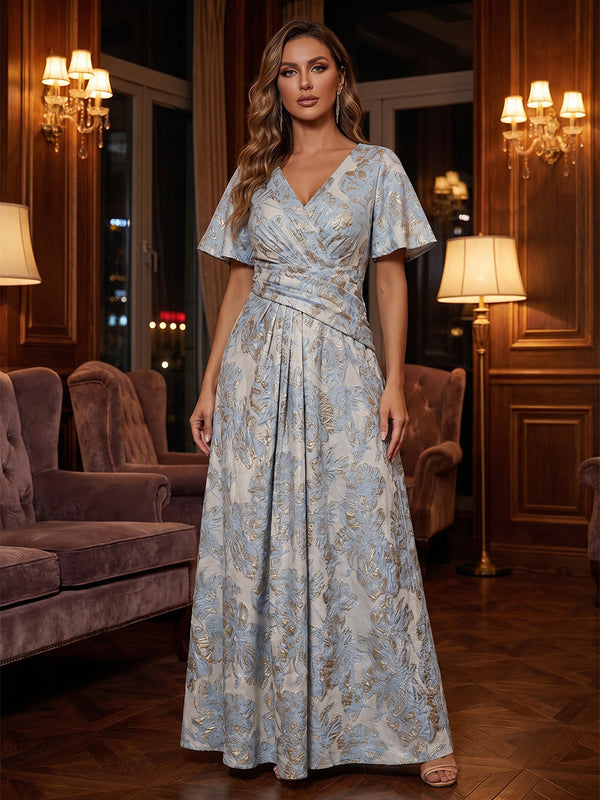 Jacquard A-Line/Princess V-Neck Maxi Evening Dresses with Ruched Waist