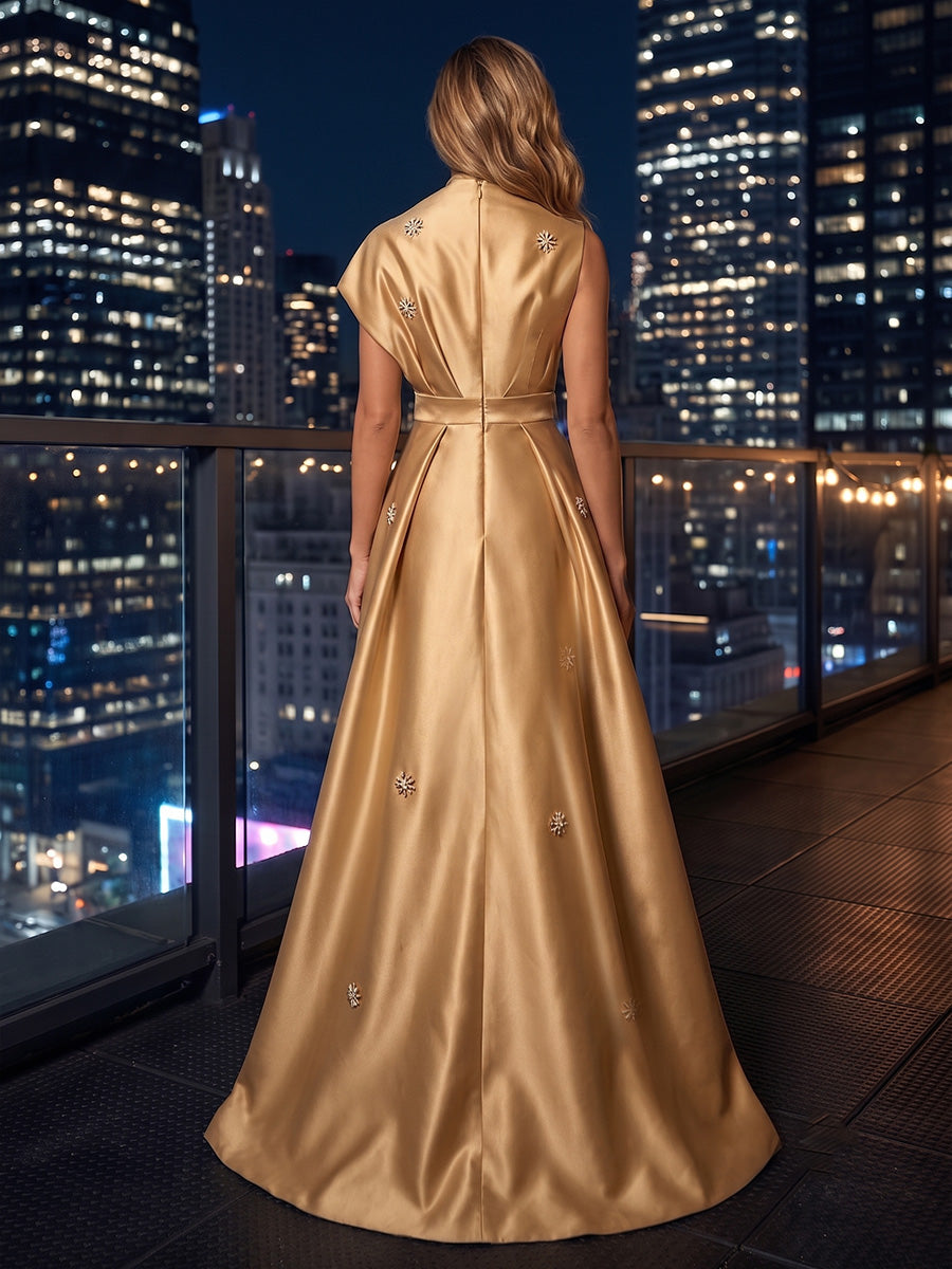 Metallic Satin A-Line/Princess V-Neck Maxi Evening Dresses with Pleats & Slit