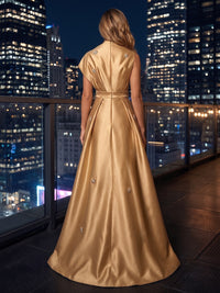 Metallic Satin A-Line/Princess V-Neck Maxi Evening Dresses with Pleats & Slit
