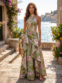 Jacquard A-Line/Princess Halter Maxi Evening Dresses with Ruffles & Ruched Waist