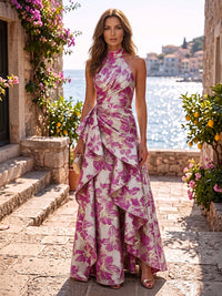 Jacquard A-Line/Princess Halter Maxi Evening Dresses with Ruffles & Ruched Waist