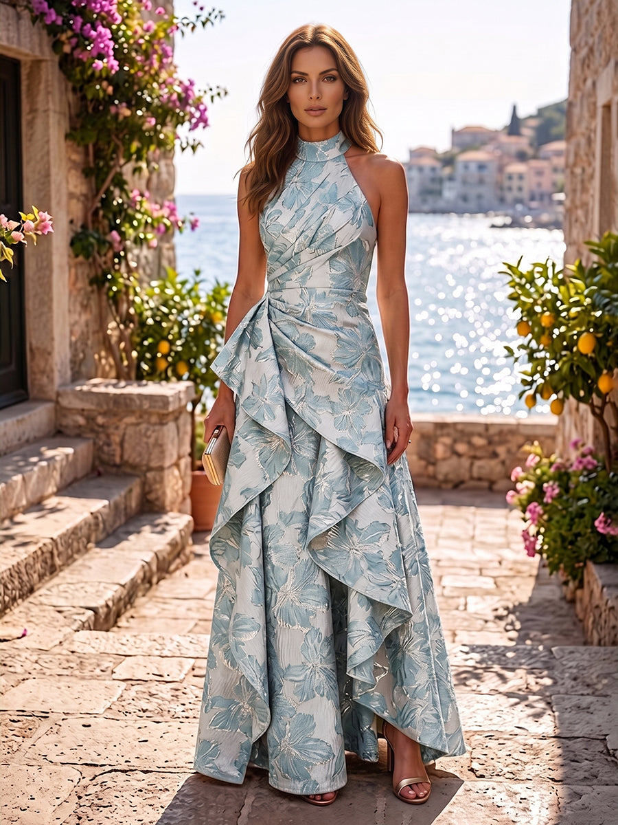 Jacquard A-Line/Princess Halter Maxi Evening Dresses with Ruffles & Ruched Waist