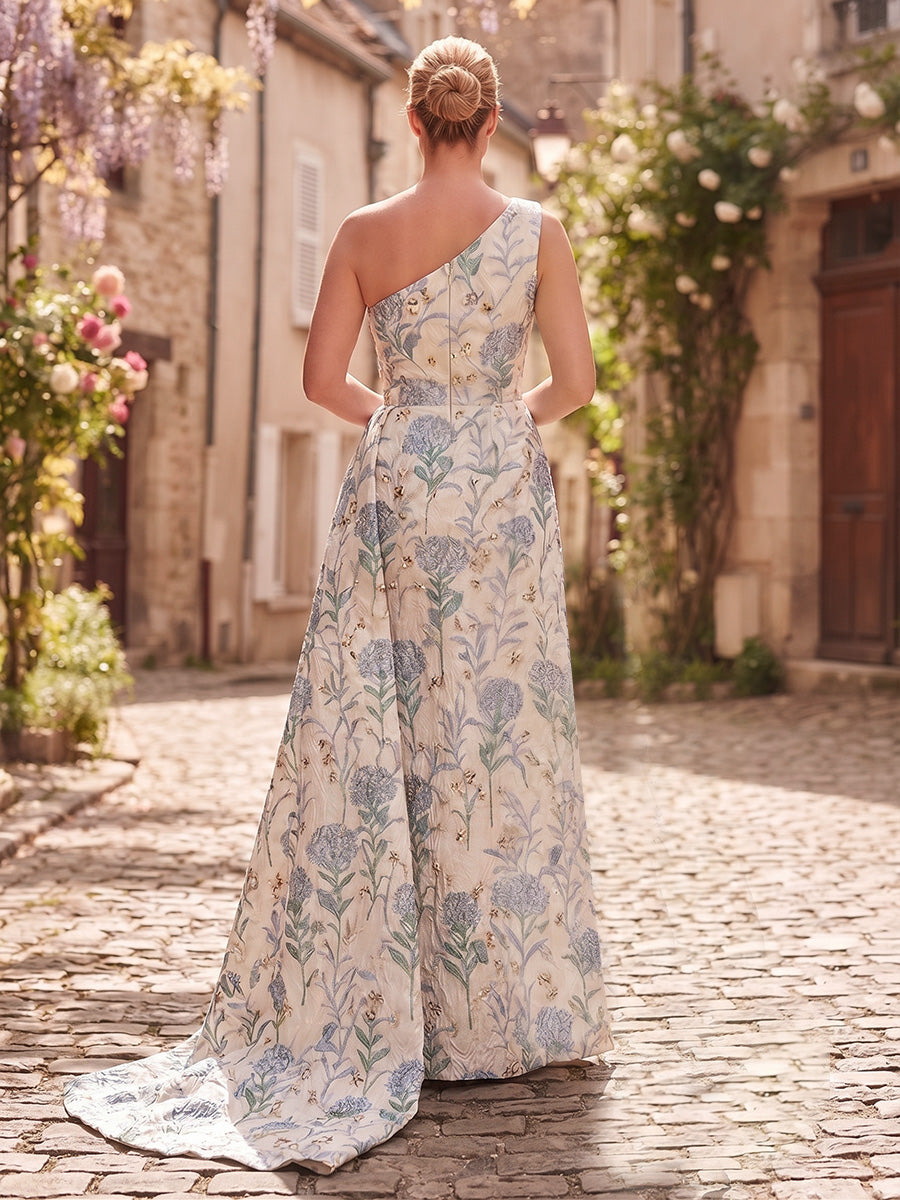 Jacquard A-Line/Princess One Shoulder Maxi Evening Dresses with Sweep Train & Slit