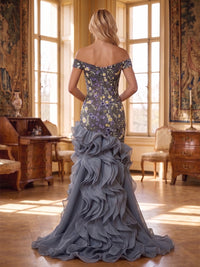 Floral Embroidery Mermaid/Trumpet Off Shoulder Maxi Evening Dresses with Tiered Layers & Ruffles