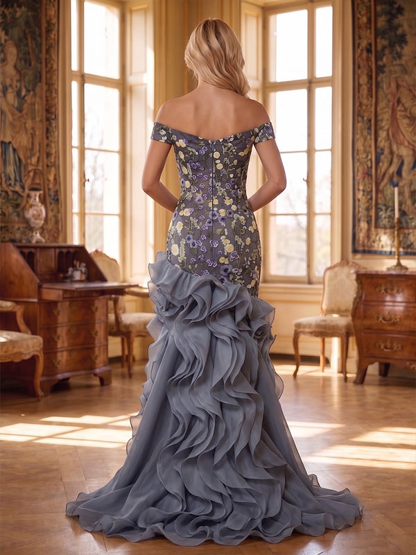 Floral Embroidery Mermaid/Trumpet Off Shoulder Maxi Evening Dresses with Tiered Layers & Ruffles
